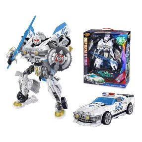 Transformačný robot 22 cm / policajné auto Pioneer s mečom 25 cm