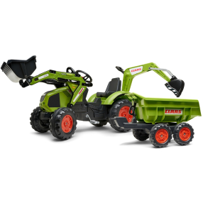 FALK Šlapací traktor 1010W Claas Axos s nakladačem, rýpadlem a přívěsem