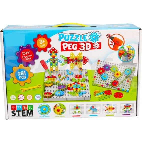 Kreatívna 3D stavebnica s vŕtačkou Puzzle Peg - 281 dielikov                    