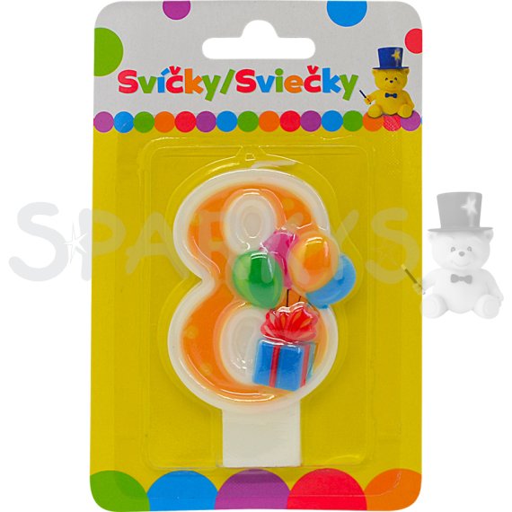 Narodeninová sviečka s balónikmi a číslom 8.                    
