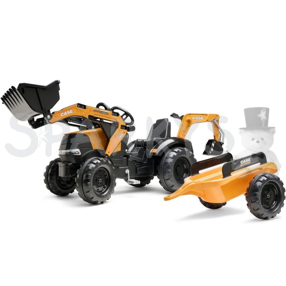 FALK Šliapací traktor 997Y Case CE s prívesom, lyžicou a bagrom - žltý                    